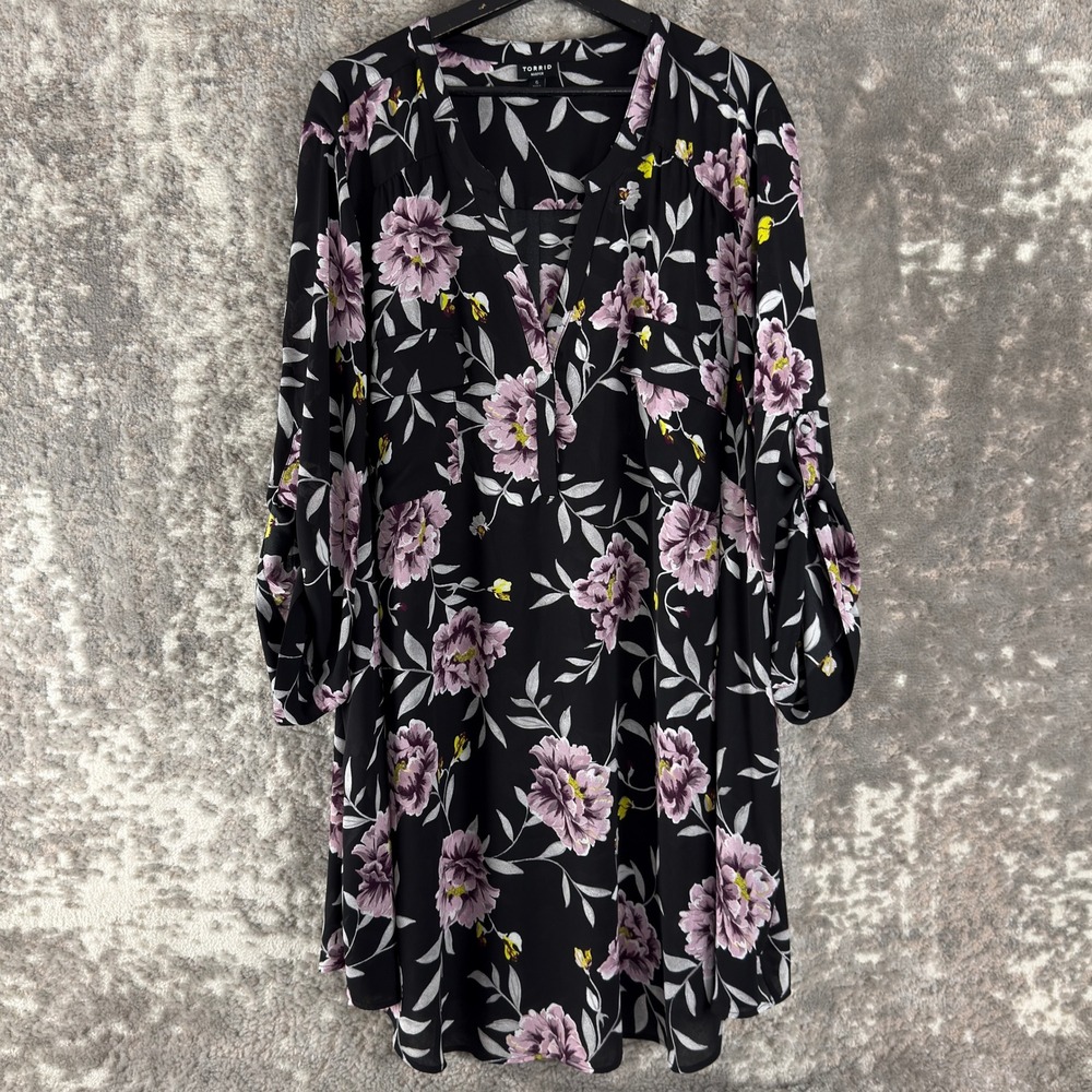 Torrid Plus Sz‎ 6 Floral Harper Georgette Pullover Blouse Black 3/4 Sleeve Women